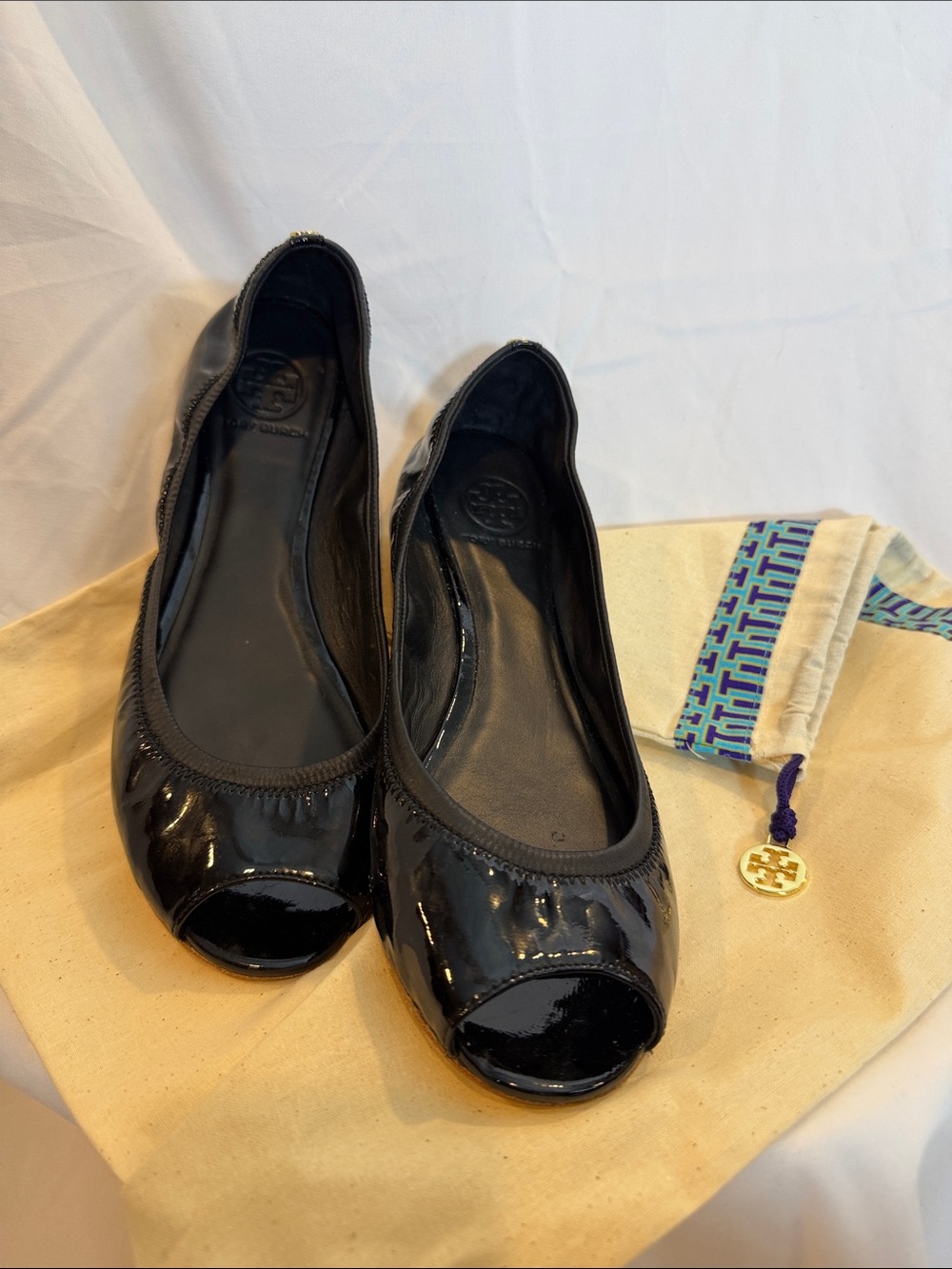 Tory Burch Black Patent Peep Toe Ballet Flats Size 11; TB Dust Cover incuded.